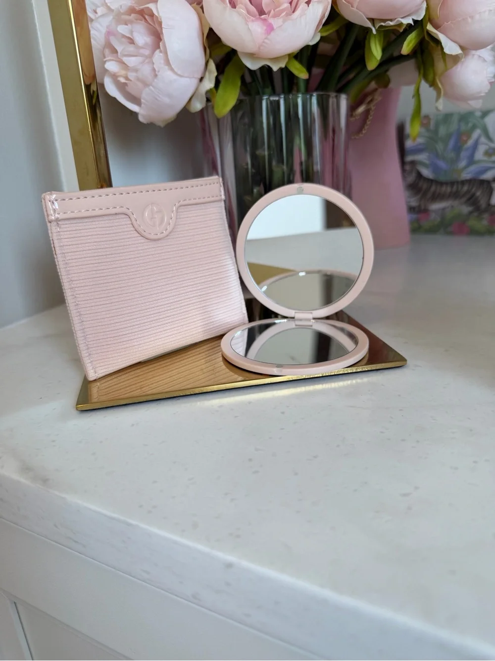 Blush Pink made for Armani GWP double mirror compact and carry case
